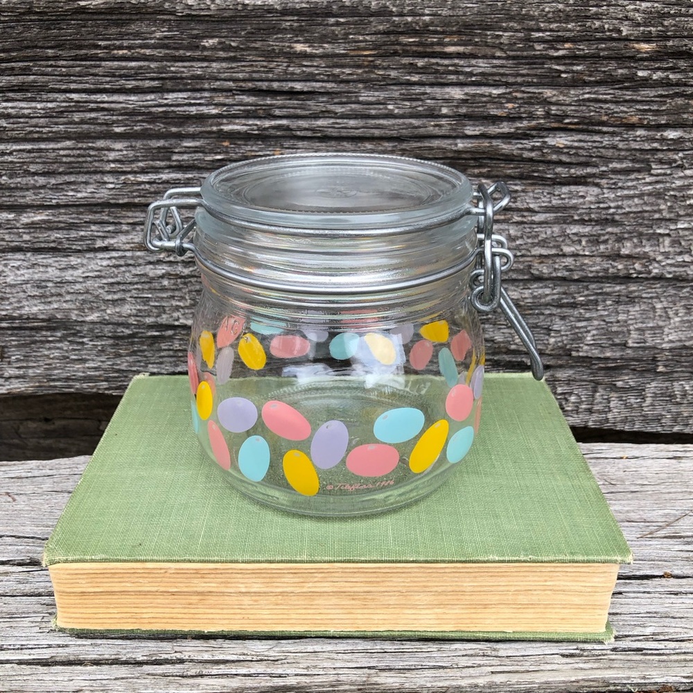 1986 Arc France Jellybean locking glass jar Pastel 80s kitchen canister candies💜